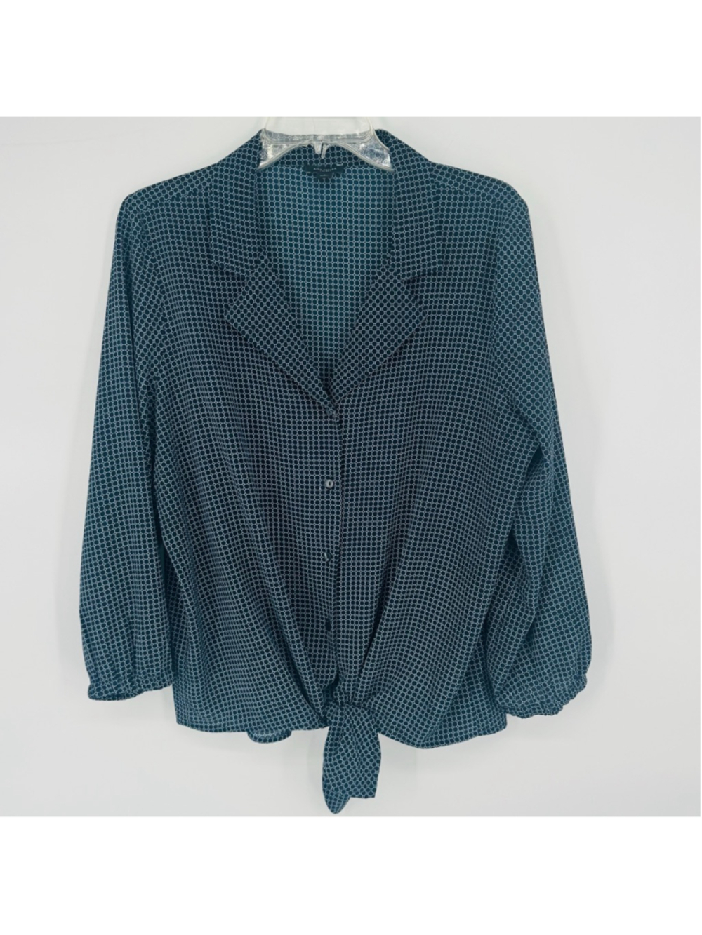 Ann Taylor Navy White Geometric Blouse L Tie Front Button Down 3/4 Sleeve